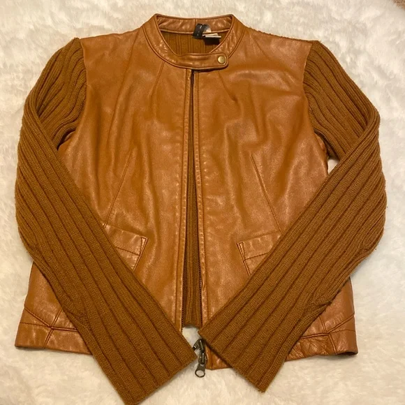 Twiggy leather wool leather jacket small cognac brown womens - Picture 1 of 12